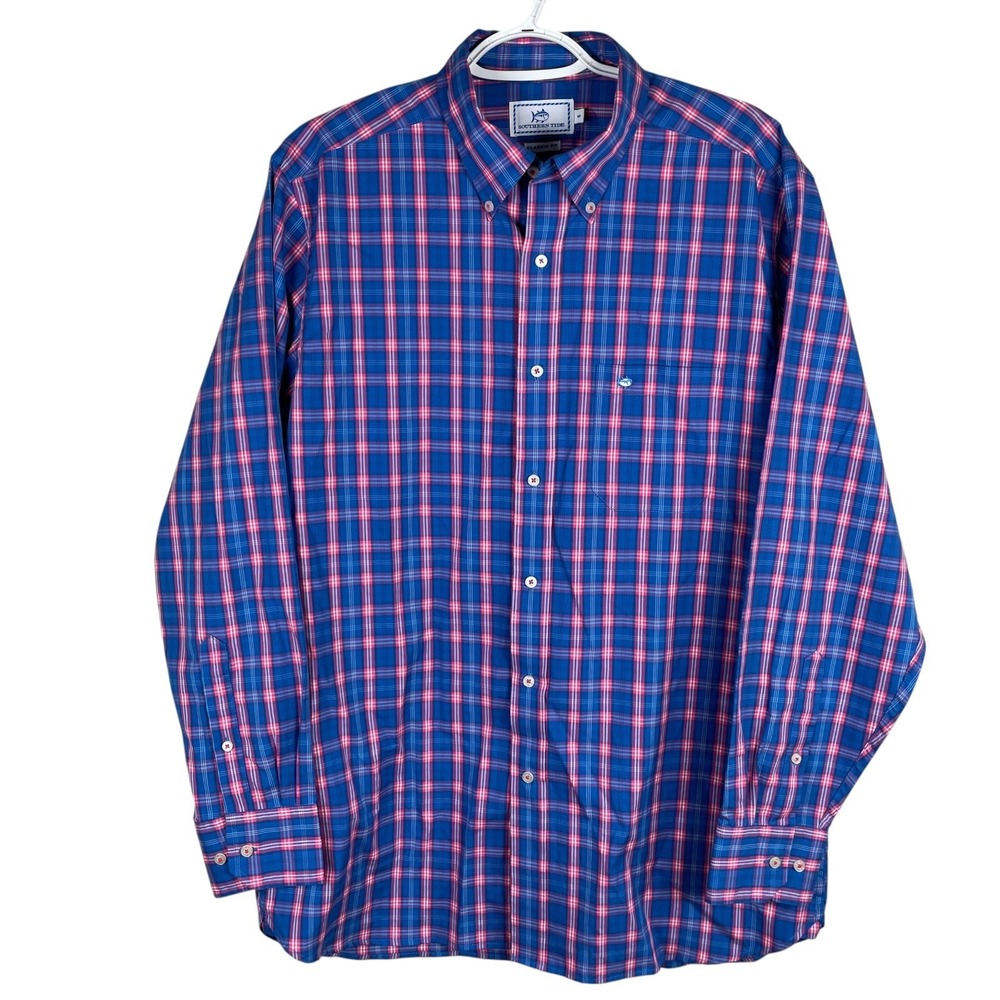 Southern Tide Shirt Mens M Blue Red Plaid Classic Fit Button Down Cotton Pocket - Picture 2 of 5